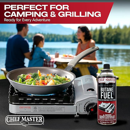 Chef Master 4x 8oz Butane Fuel Canister - Butane Refill for Kitchen Torch & Camp Stove - Gas Canister for Picnics, Outdoor Cooking, Grilling - Camping Stove, Torch Fuel Camping Essentials - 90340