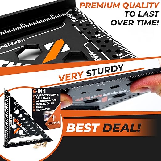 THORVALD 6-in-1 Carpenter Square 7 inch (1/16" Precision) - T Square Multi-Purpose Carpenter Tools : Wrench, Square, Protractor, Ruler, Marking Gauge, Drill Gauge