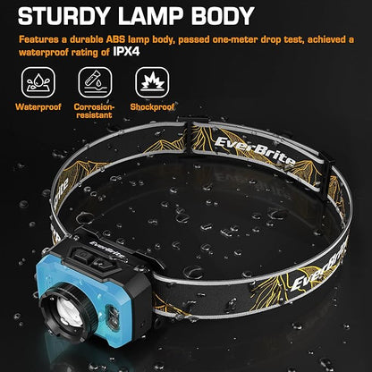 EverBrite 600 Lumen Headlamp, Rechargeable Headlight with 4 Modes, Super Bright Head Lamp with Spotlight & Floodlight, Motion Sensor, Memory Function for Camping, Hiking-Blue