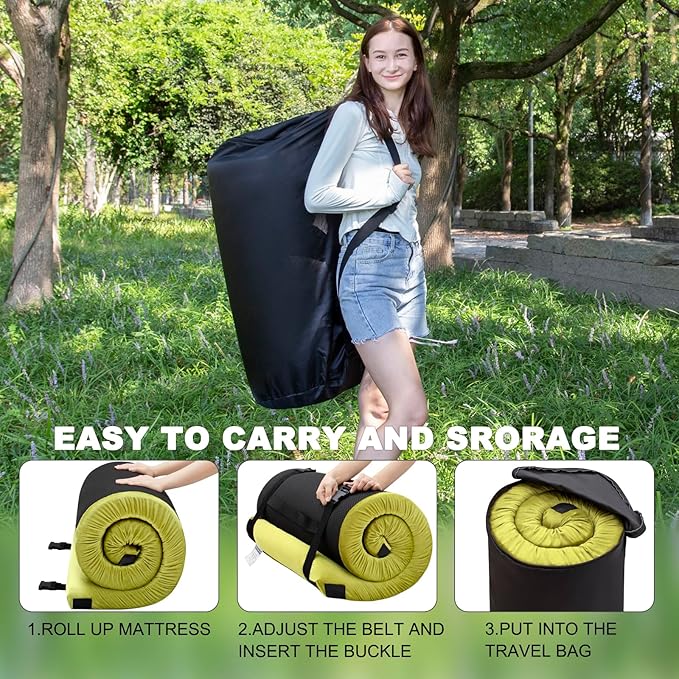Memory Foam Camping Mattress Sleeping Pad, 3" Thick Waterproof Portable Roll Up Sleeping Mats & Floor Mattress Pad with Pillow + Travel Bag for Camping Car Truck SUV Tent Sleepover Kids Adult