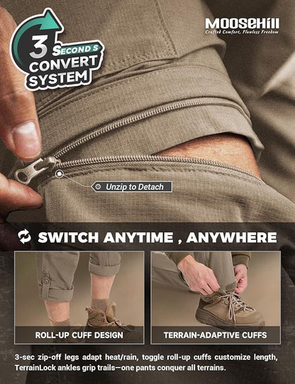 Moosehill Men's-Hiking-Pants Convertible Quick-Dry Water-Resistant Lightweight Zip-Off Outdoor with 5 Deep Pockets