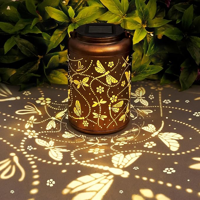 Birthday Gifts for Woman Dragonfly Solar Lanterns Outdoor Waterproof, Dragonfly Gardening Metal Decorative Hanging Lanterns Mothers Day Gifts for Yard/Garden Decor