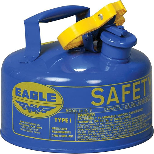 Eagle 1 Gallon Type I Blue Safety Gas Can for Kerosene with Flame Arrester and Self-Closing Lid, Made in the USA, Galvanized Steel Flammable Storage Can, UI10SB
