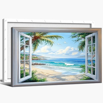 ANRUOXI Beach Wall Art, Blue Ocean Canvas Prints Wall Decor, Window Frame Style Sea Canvas Wall Decor, Ocean Seaside Painting, Nature Coastal Landscape Framed Artwork for Living Room Office 18x24 Inch
