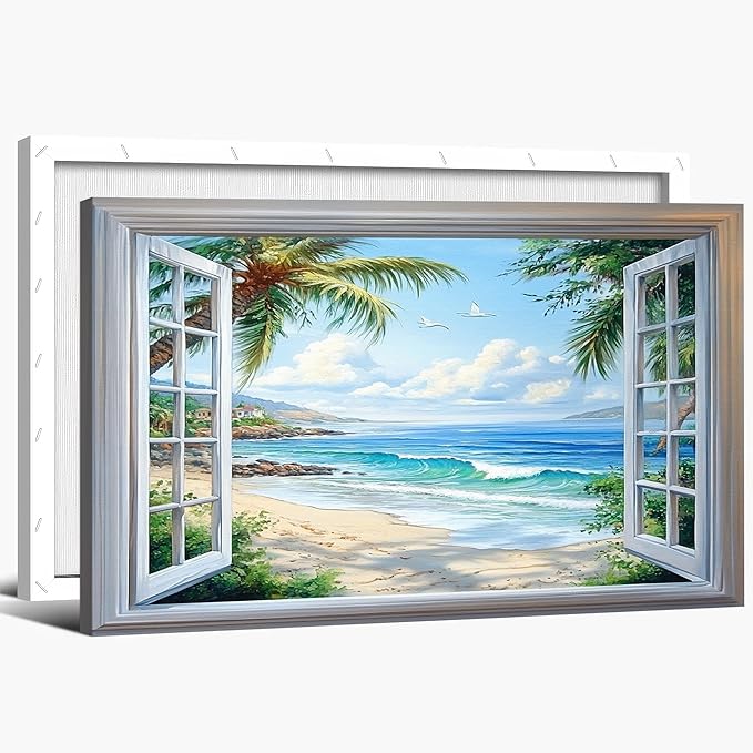 ANRUOXI Beach Wall Art, Blue Ocean Canvas Prints Wall Decor, Window Frame Style Sea Canvas Wall Decor, Ocean Seaside Painting, Nature Coastal Landscape Framed Artwork for Living Room Office 24x36 Inch