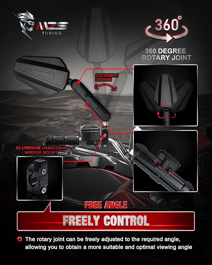 MZS Adventure Motorcycle Mirrors, 10mm 8mm Foldable Motorbike Rear View Handlebar Side Mirror with Aluminum Mount Black Fit for Street Dirt Electric Bike Ebike Scooter ATV Quad