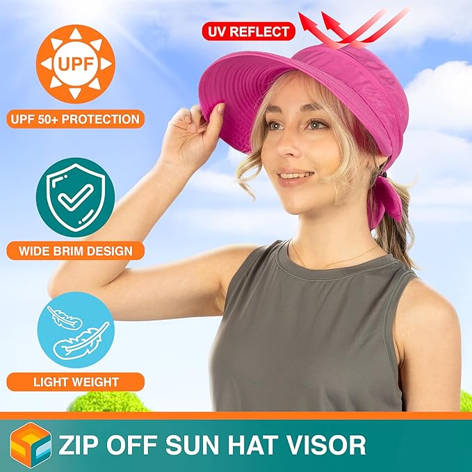 SUN CUBE Women Sun Hat for Outdoor UV Protection, Wide Brim Sun Hat Ponytail, Convertible Zip-Off Beach Hat Visor