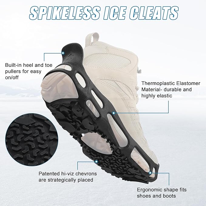 Spikeless Ice Cleats for Boots and Shoes Slip On Traction Cleats Crampons Traction Devices Aids Rubber Footwear for Snow and Ice Winter Walking Indoor Outdoor Men Women