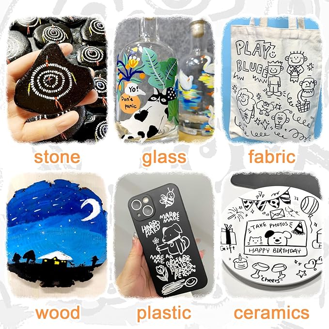 Black White Acrylic paint Markers Dual Tip Set, 6pcs Automatic Ink-Control Fine Tip and Brush Tip, Acrylic Paint Pen For Rock Painting, Metal, Glass, Wood, Fabric, Porcelain, Ceramic