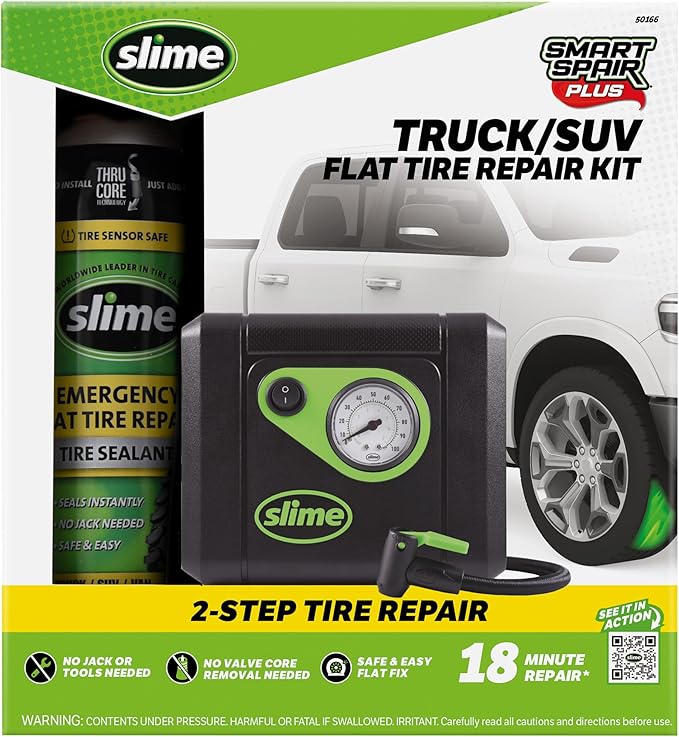 Slime 50166 Flat Tire Puncture Repair, Smart Spair Plus, Emergency Kit for Car Tires, Includes Sealant and Tire Inflator Pump, Suitable forTruck/SUV, 18 Min Fix