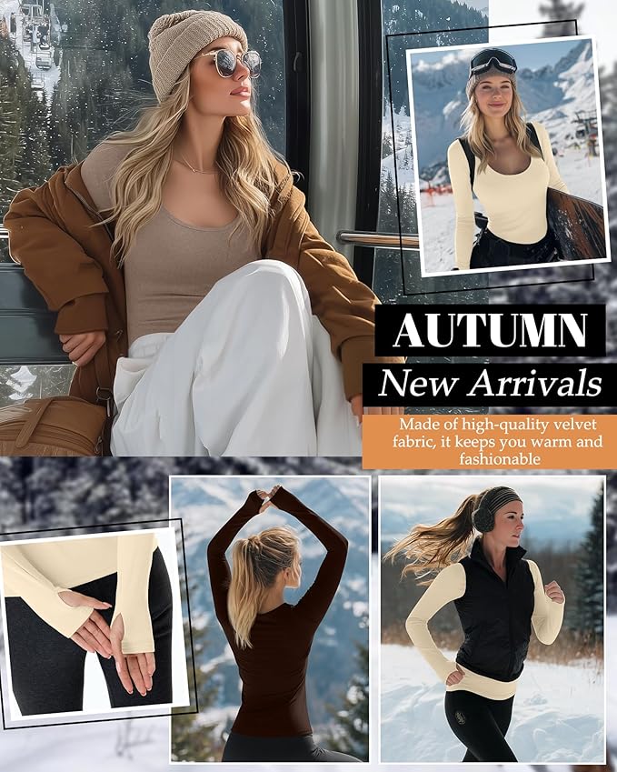 Riyiper 3 Pack Women's Thermal Long Sleeve Shirts, Fleece Scoop Neck Fitted Top Stretchy Thumb Holes Undershirt Baselayer Tee