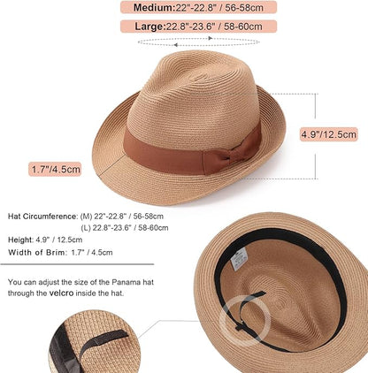 DRESHOW Women Straw Sun Hat Short Brim Panama Travel Fedora Beach Cap Roll up Summer Hat for Women Men UPF 50+