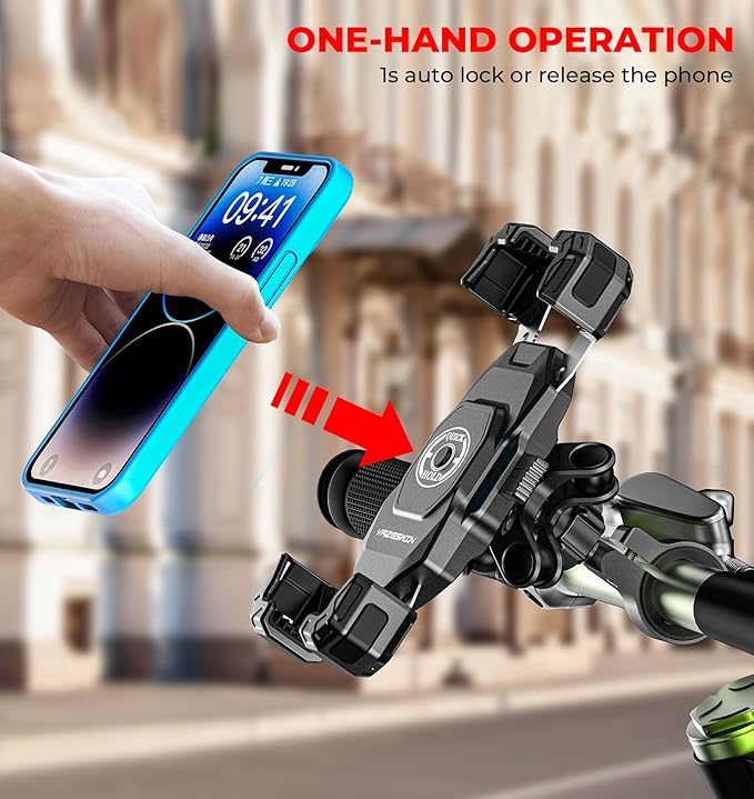 Motorcycle Phone Mount with Vibration Dampener, 1s Lock Bike Phone Holder with Aluminum Alloy Handlebar Mounting Base, One-Handed Operation Motorcycle Cellphone Mount for 5.5"-7.2" Smartphone