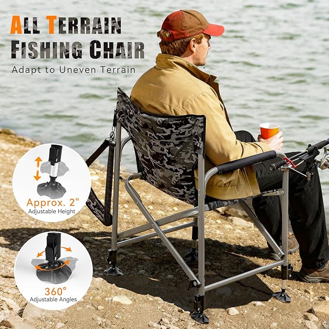 Padded Folding Fishing Chair with 2 Rod Holders for Adults Heavy Duty Adjustable Legs Outdoor Camping Chairs with Side Pocket Shoulder Strap Portable Ice Fishing Chair for Camp Lawn Patio