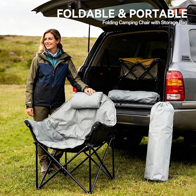 Oversized Heated Camping Chairs, 3 Heating Level for Back and Seat, Portable & Folding Camping Chair with Pillow for Outdoor Sports, Fishing, Patio, Picnics, Battery Not Included, Gray