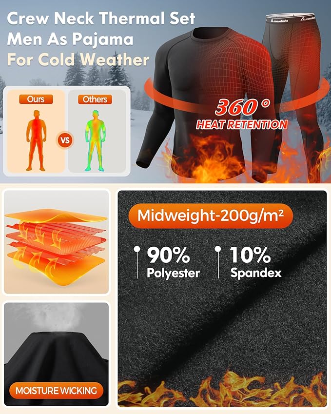 CL convallaria Thermal Underwear for Men Long Johns Fleece Lined Hunting Gear Set Base Layer for Cold Weather XS-4XL