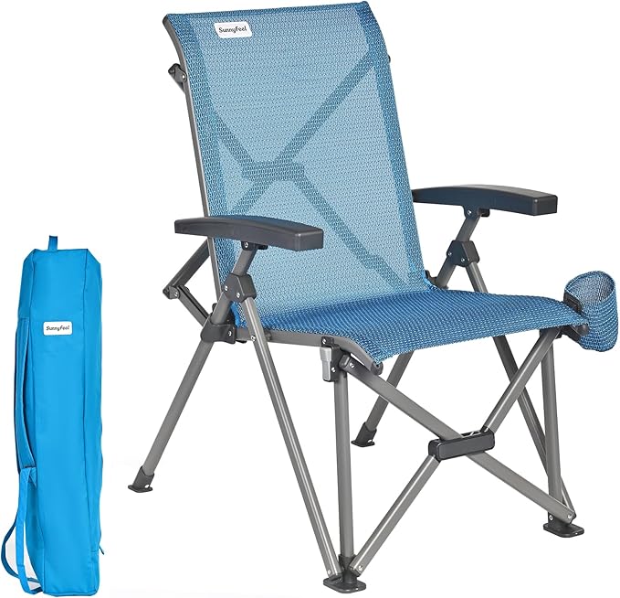 SUNNYFEEL Ergonomic High Back Camp Chair - 500lbs Heavy Duty Folding Chair, UV-Resistant Portable Camp Chair with Hard Armrests, Cup Holder＆ Bag for Outdoor, Basebal, Travel, Sports, Hiking, Fishing