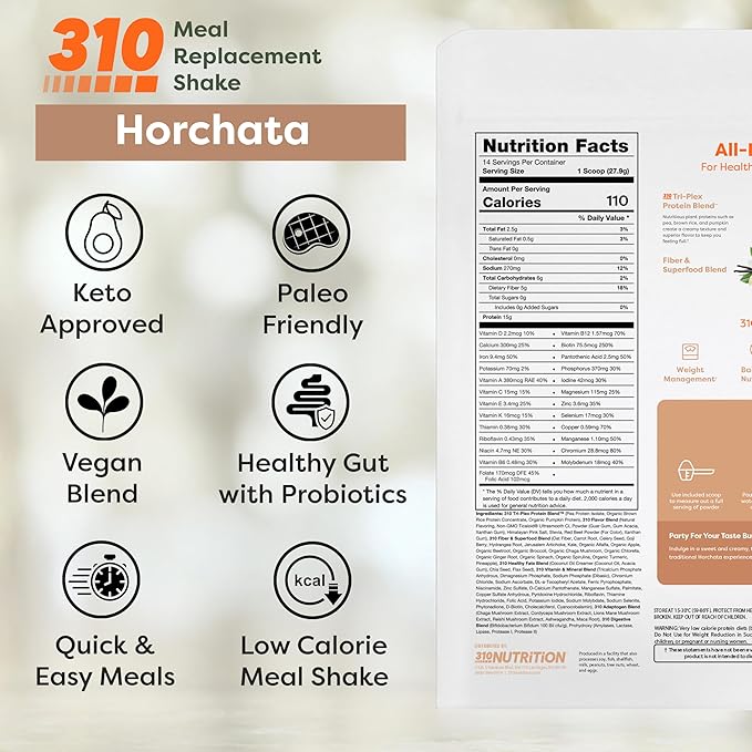 310 Nutrition All-In-One Meal Replacement Shake - Plant-Based Protein Powder with High Fiber, Probiotics, Digestive Enzymes & Adaptogens - Low Carb Vegan Keto Friendly Superfoods Smoothie - Horchata Flavor - 28 Servings