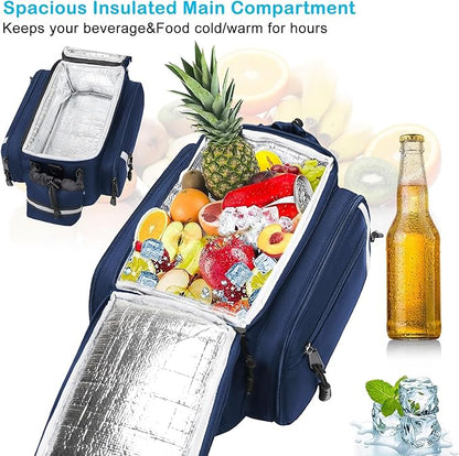 MOSISO Bike Rack Bag with Rain Cover, Bike Trunk Cooler Handag Insulated Bicycle Rear Seat Pouch with 2 Side Foldable Panniers, 8L Cycling Backseat Storage Cargo Saddle Shoulder Bag, Navy Blue