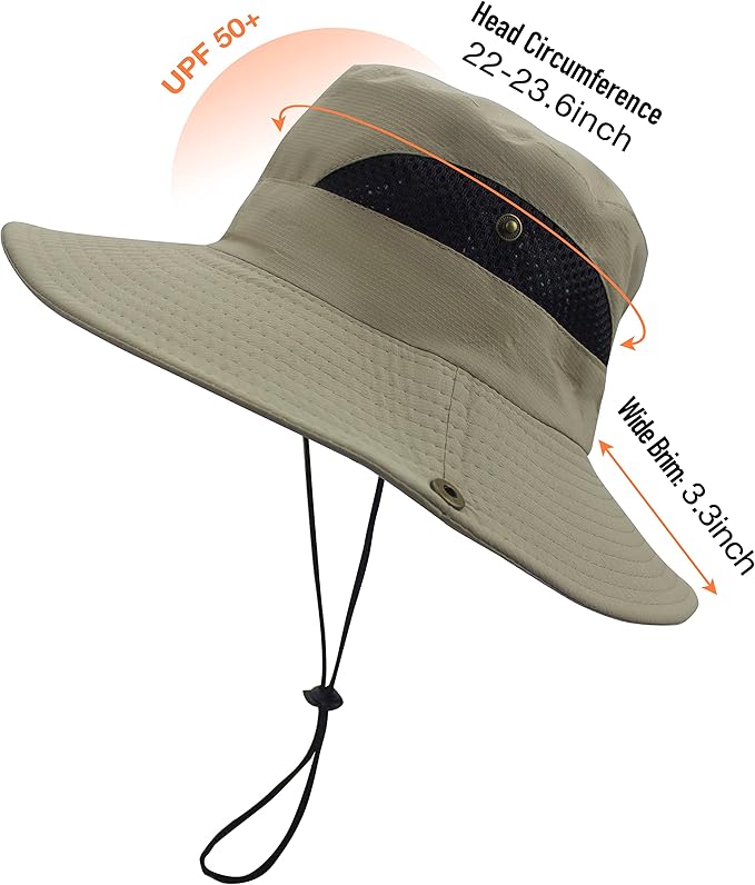 Men's Sun Hat Outdoor UPF50+ Mesh Wide Brim Bucket Safari Cap Foldable Waterproof Boonie Fishing Hats