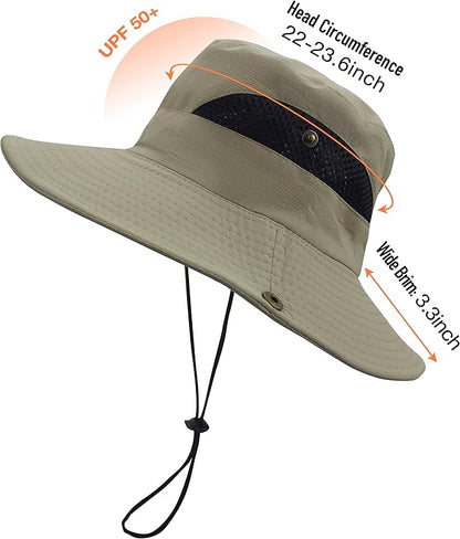 Men's Sun Hat Outdoor UPF50+ Mesh Wide Brim Bucket Safari Cap Foldable Waterproof Boonie Fishing Hats