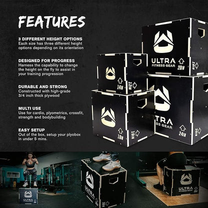 Ultra Fitness Gear Wooden Plyo Box, 31 Plyometric Jump Training Squat, Step Up, Jumps & More Workout Size S, M, L, XL