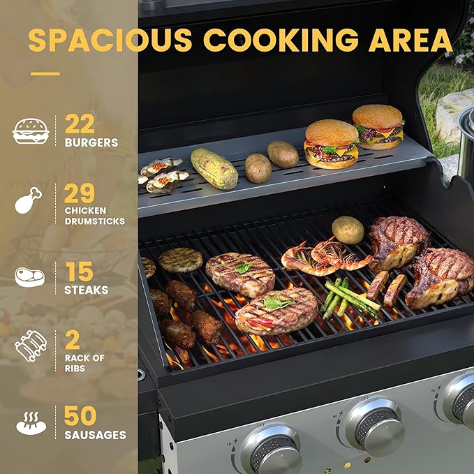 DIFY 4-Burner Propane Gas BBQ Grill with Side Burner and Porcelain-Enameled Cast Iron Grates, 46500 BTU Output Stainless Steel Grill for Outdoor Cooking Kitchen & Patio Backyard Barbecue, Silver