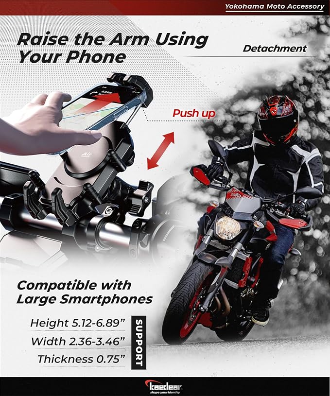 Kaedear Motorcycle Smartphone Holder, Charging, Vibration Absorption, Air Mount, Integrated QI, Wireless Charging, USB Power Supply, Devil Horn QI USB/Air Mount KDR-M26A (Qi Charging / 1" Ball)