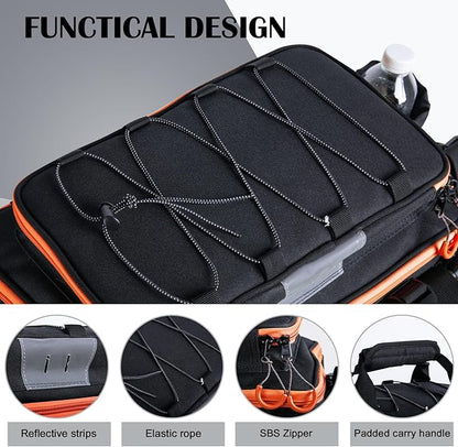 Goture Fishing Tackle Bag, Store Up to 4PCS 3700 Plus 2PCS 3600 Tackle Trays(Not Included), 600D Soft Side Gear Fishing Bag with Rod Straps,Detachable Water Bottle Pouch,Waterproof Bottom,SBS Zippers