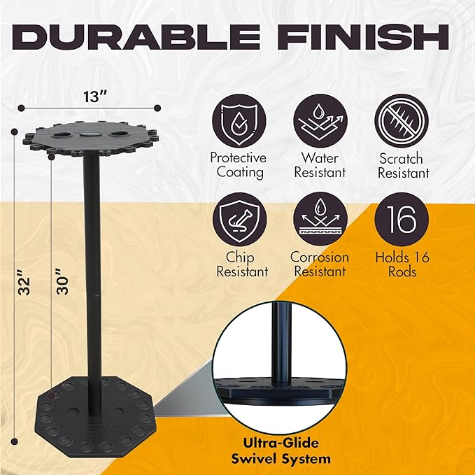 Rush Creek Creations 16-Rod Round Fishing Rod Holder for Garage, 360° Access Fishing Pole Holder for Fishing Rods, Reels, Gear, and Accessories, Securely Holds 16 Rods, Black