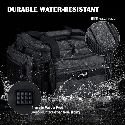 Goture Fishing Tackle Bag,Store Up to 4PCS 3700 Tackle Boxes(Not Included),600D Soft Side Water-Resistant Saltwater Gear Storage Fishing Bag with Rod Strap,Detachable Water Bottle Pouch,Gifts for Men