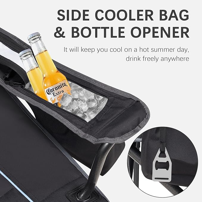 Oversized Folding Camping Chair for Adults - 450lbs Support - Heavy Duty Portable Lawn Chairs with Side Pocket Cup Holder Cooler Bag for Sports Garden Beach Fishing, Black