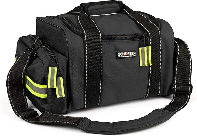 Scherber First Responder Fully-Stocked Large Professional Essentials EMT/EMS Trauma Kit | HSA/FSA Approved | Reflective Bag w/8 Zippered Pockets & Compartments & 250+ First Aid Supplies (Black)