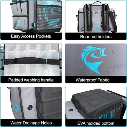 Evolution Fishing Rigger Series Kayak Tackle Bag - 3700 Size, Grey, Zipperless, Heavy Duty Water Resistant Tarpaulin Construction, 2 Rod Holders, Molded Bottom, Tackle Storage