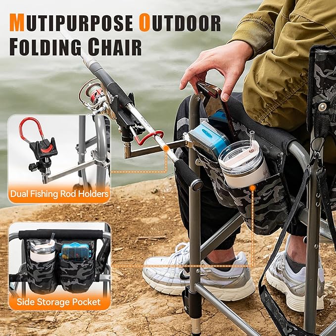 Padded Folding Fishing Chair with 2 Rod Holders for Adults Heavy Duty Adjustable Legs Outdoor Camping Chairs with Side Pocket Shoulder Strap Portable Ice Fishing Chair for Camp Lawn Patio