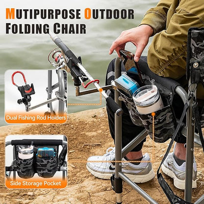 Padded Folding Fishing Chair with 2 Rod Holders for Adults Heavy Duty Adjustable Legs Outdoor Camping Chairs with Side Pocket Shoulder Strap Portable Ice Fishing Chair for Camp Lawn Patio