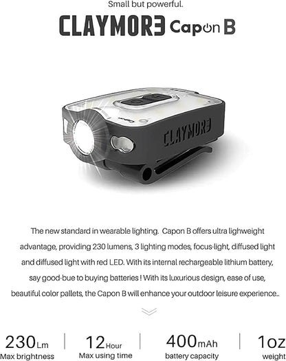 Claymore Capon 40B Black Clip-On Cap Light – USB-C Rechargeable 230LM LED Headlamp | 3 Light Modes 180° Adjustable Beam IP54 Water Resistant Up to 12 Hrs Runtime for Camping, Running, Outdoor