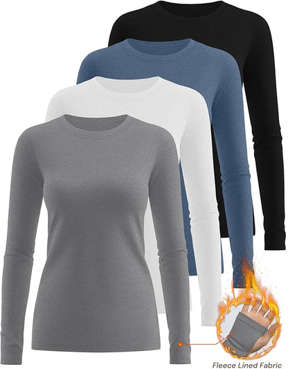 Neer 4 Pack Women's Fleece Thermal Long Sleeve Shirts, Thumb Holes Crew Neck Slim Fit Tops Warm Workout Basic Undershirt