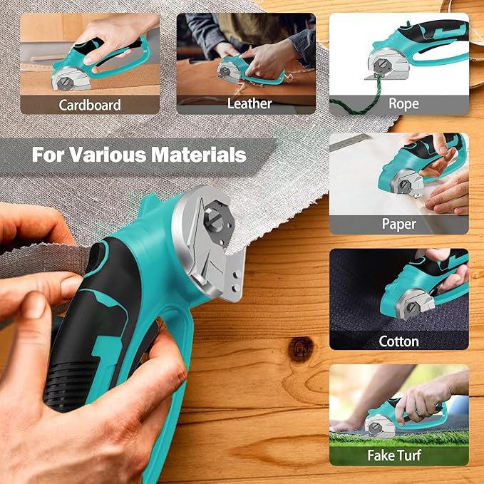 Cordless Electric Scissors, 4V Box Cutter & Cardboard Cutter with Upgrade Blade, LED Light, Safety Lock - Rechargeable Rotary Cutter for Fabric, Leather, Plastic, Sewing, Industrial (Aqua Blue)