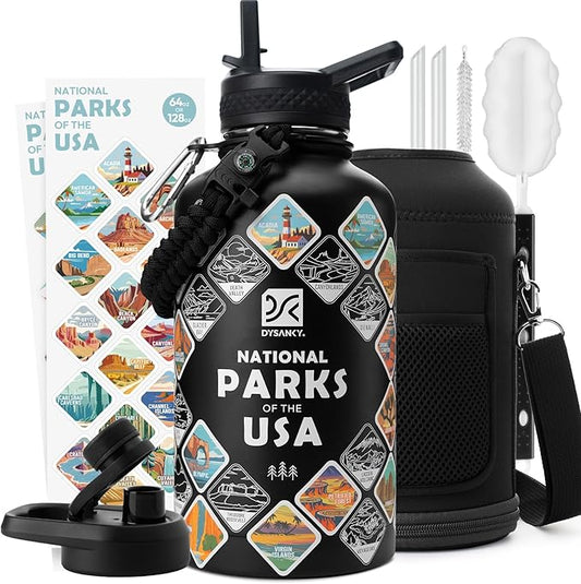 Insulated Water Bottle | Thickened Stainless Steel Vacuum Metal | Portable Sports Half Gallon Large Water Jug for Gym and Hiking with Straw, Carrier Bag, Handle Strap | BPA-Free 64 oz