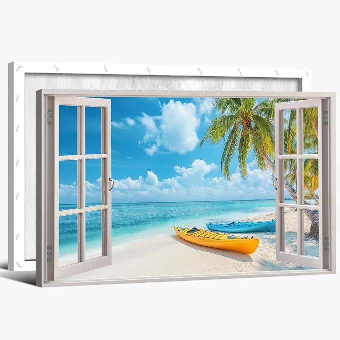ANRUOXI Beach Wall Art, Window Frame Style Canvas Wall Decor Ocean, Blue Sea & Tropical Palm Tree Coasts Boats Canvas, Paradise Scenery Nature Landscape Painting for Living Room Office Home 32x48 Inch