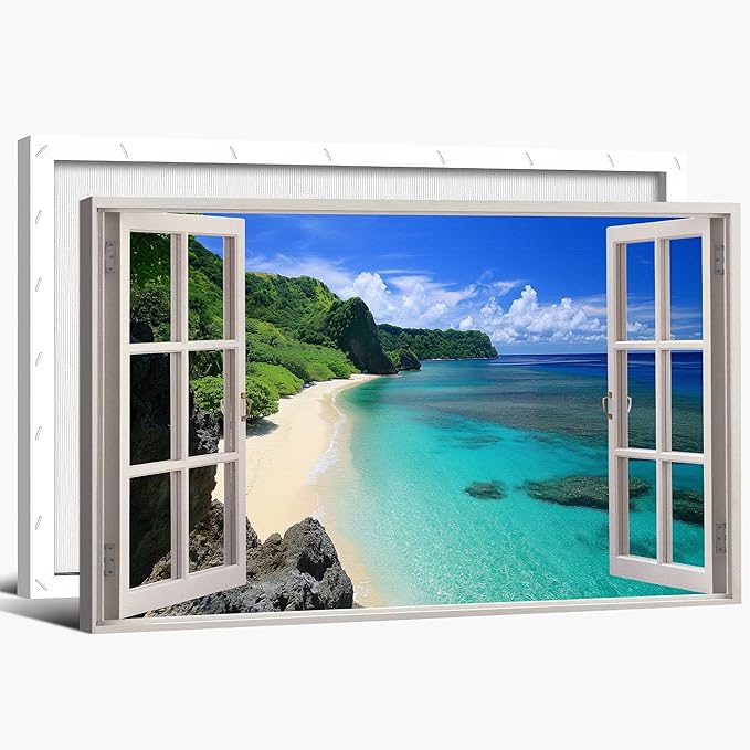ANRUOXI Beach Window Canvas Wall Art, Enclosed Bedroom Living Room Ocean Coastal Channel Scene Picture, Tropical Sea Landscape Painting Print Artwork Horizontal Seascape Artwork for Bedroom 18x24 Inch