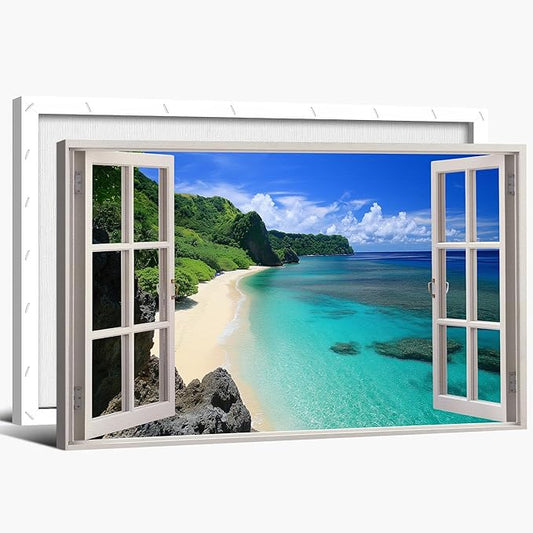 ANRUOXI Beach Window Canvas Wall Art, Enclosed Bedroom Living Room Ocean Coastal Channel Scene Picture, Tropical Sea Landscape Painting Print Artwork Horizontal Seascape Artwork for Bedroom 12x18 Inch