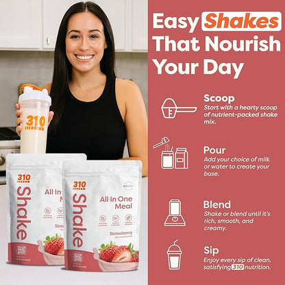 310 Nutrition All-In-One Meal Replacement Shake Powder - Plant-Based Protein Smoothie Blend w/High Fiber, Probiotics & Adaptogens - Low Carb, Vegan, Keto & Paleo Friendly - Strawberry - 14 Srv