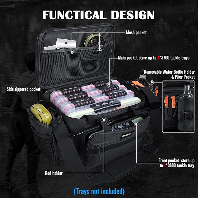 Goture Fishing Tackle Bag, Store Up to 4PCS 3700 Plus 2PCS 3600 Tackle Trays(Not Included), 600D Soft Side Gear Fishing Bag with Rod Straps,Detachable Water Bottle Pouch,Waterproof Bottom,SBS Zippers