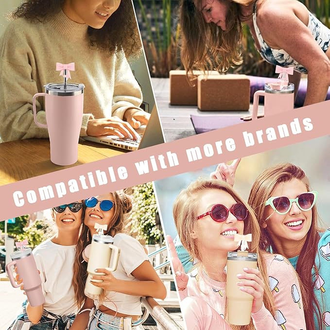 4Pcs Silicone Straw Toppers Covers for Stanley Cups 40/30oz 10mm(0.4in) Cream Dust-Proof Bow Straw Covers Toppers Flash Pink Suitbale for Stanley Cup Accessories Reusable Straws Caps