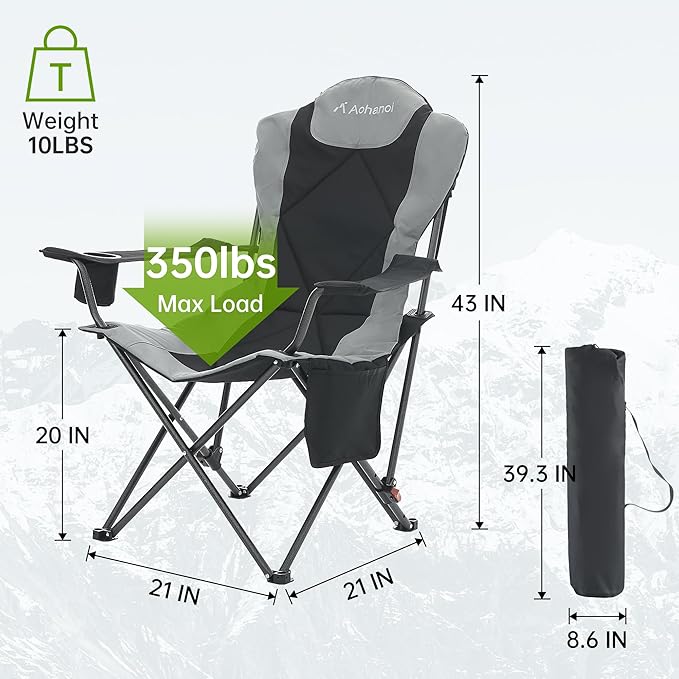 Camping Chairs, Portable Camp Chairs for Heavy People with Adjustable Angled Backrest, Outdoor Folding Camping Chairs for Outside Supports up to 350lbs, Carry Bag Included