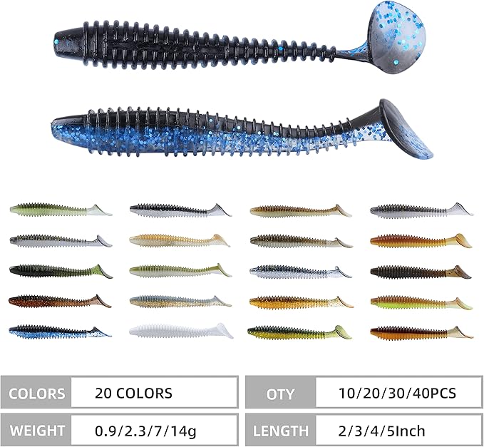RUNCL Swimbaits Paddle 10/20/30/40PCS, 5/4/3/2 Inchs Paddle Tail, Soft Lure for Trout Crappie Bass, Durable Plastic Bait Swimmer for Saltwater/Freshwater, Fishing Lover's Gift