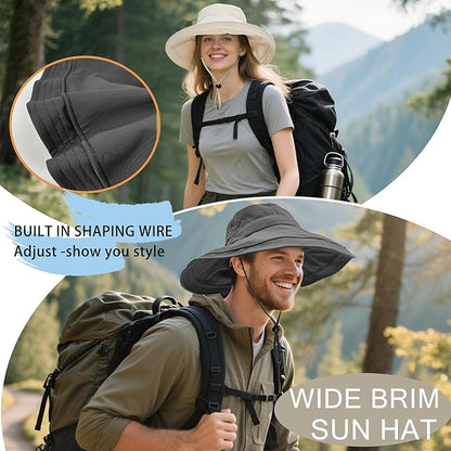 Sun Hats for Women Men UV Protection Wide Brim Bucket Hat with Ponytail Hole Waterproof Gardening Fold-Up Summer Cap