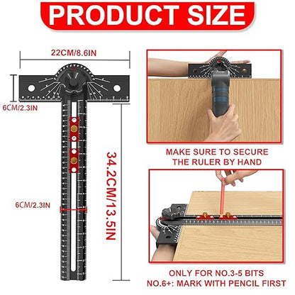 Woodworking T Square Ruler, 13.5 Inch Adjustable Angle 15-165° Measurement Tool, Aluminum Alloy, Precision Drilling Positioning Guide for Carpentry, Drafting, Contractor, Scribe Crafting, Drywall